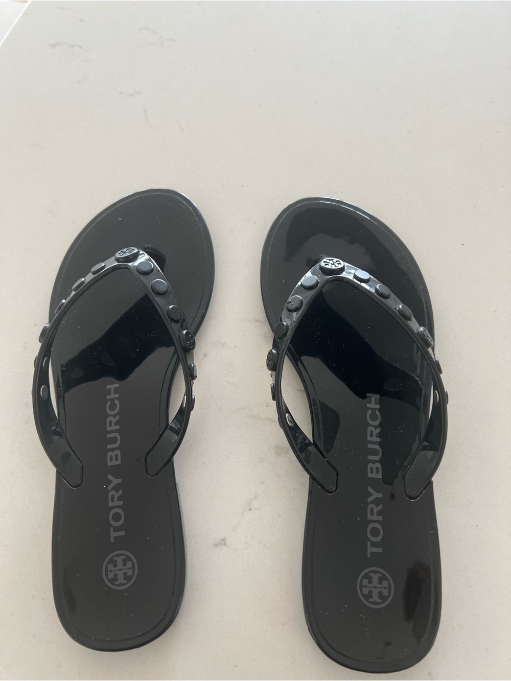 Tory Burch Black Patent Studded Jelly Flip Flop Sandals